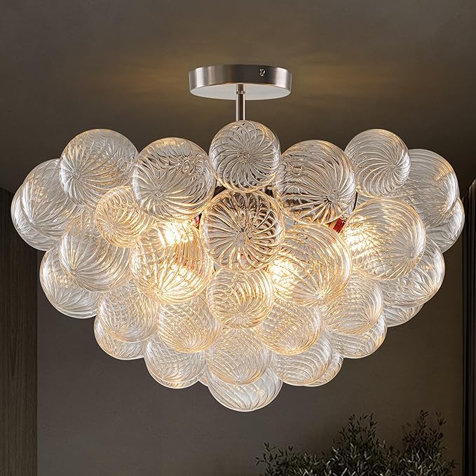 Hand Blown Glass Bubble Ball Chandelier Nickel-Plated 24" Semi-Flush Mount Ceiling Lights Art Deco Cluster Ribbed Glass Globe Chandeliers Light Fixture for Dining Living Bedroom Island