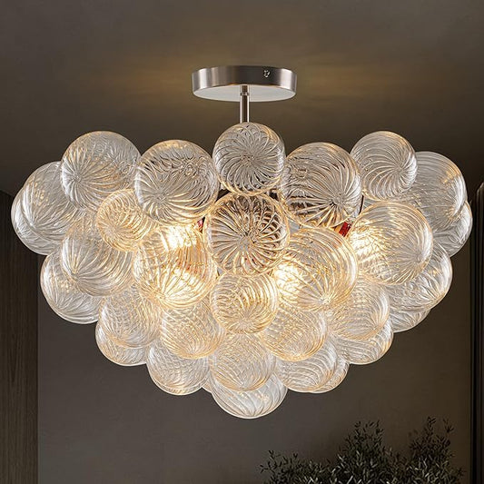 Hand Blown Glass Bubble Ball Chandelier Nickel-Plated 24" Semi-Flush Mount Ceiling Lights Art Deco Cluster Ribbed Glass Globe Chandeliers Light Fixture for Dining Living Bedroom Island