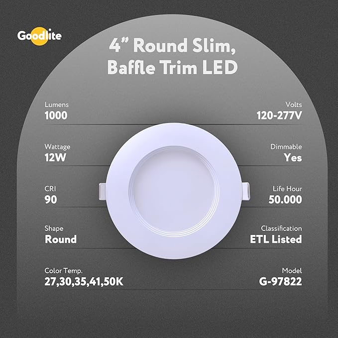 Goodlite 4" LED Round, Recessed Ultra Slim Baffle-Trim Fixture, 12W, 120-277V, CRI 90+, Wet & ETL, Triac & 0-10V Dimming, 1000 Lumens, Color Selectable 2700k-3000k-3500k-4100k-5000k, 1ct (G-97822)