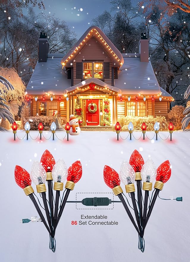 Strawberry Jumbo C9 Christmas Lights Outdoor - 2 Pack Total 17FT 10 LED Jumbo C9 Christmas Pathway Lights Outdoor Decoration for Outside Lawn, Red & Pure White
