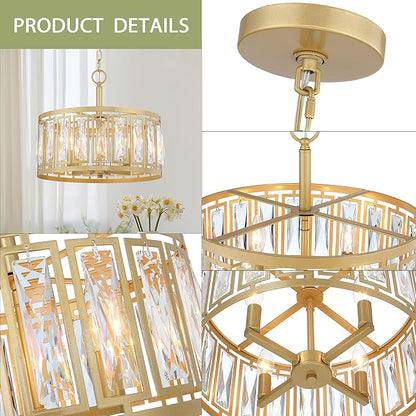 Gold Crystal Chandelier, 4-Light Semi Flush Mount Chandelier Crystal Entry Way Light Fixture Gold Dining Room Light Fixtures Adjustable Height Hanging Pendant Light for Bedroom Living Room