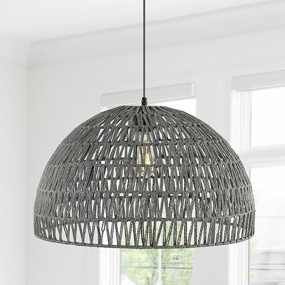 JONATHAN Y 20" Gray Modern Bohemian Woven Rope LED Pendant Light Fixture, Adjustable Dome Ceiling Lamp for Kitchen Island, Rope Shade, Coastal Farmhouse Decor (JYL6504D)