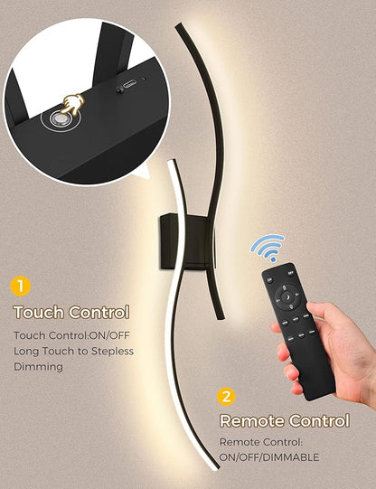 DORESshop Battery Operated Wall Sconces Set of 2, Modern Wireless Rechargeable Wall Lights with Stepless Dimming,3000k-6000K, Sconce Wall Decor for Living Room, Hallway, Bedroom, Black 39in