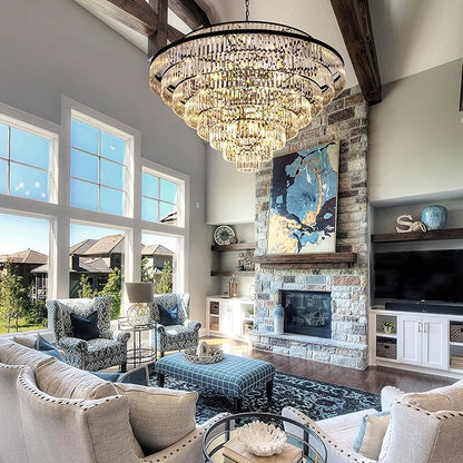 Wellmet Large Crystal Chandelier, 48’’ Black Farmhouse Chandelier, 9 Tier Luxury Crystal Pendant Light, for Living Room, Entryway, Dining Room, Hallway, Restaurant