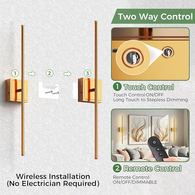 DORESshop Battery Operated Wall Sconces Set of 2, Dimmable Battery Wall Sconce with Remote Control, Brass 350°Rotate Rechargeable Sconces, 28.1 Inch Wireless Wall Lights for Bedroom, Living Room
