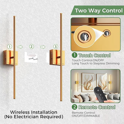 DORESshop Battery Operated Wall Sconces Set of 2, Dimmable Battery Wall Sconce with Remote Control, Brass 350°Rotate Rechargeable Sconces, 28.1 Inch Wireless Wall Lights for Bedroom, Living Room