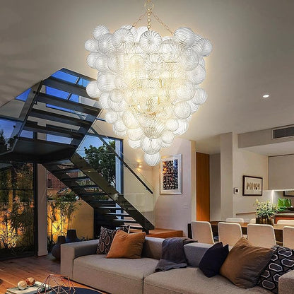 Extra Large Glass Bubble Chandelier 2-Tier 44" High Light Fixtures Mid-Century Swirled Clear Blown Glass Globe Chandeliers Pendant Lights for Stairway Living Room Entryway Foyer