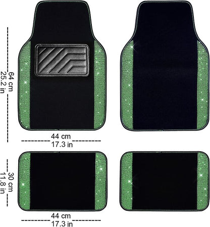 CAR PASS Shining Rhinestones Carpet, Bling Crystal Diamond Sparkly Glitter Car Floor Mats with Anti-Slip PVC Heel Pad Automotive Universal for SUV,Sedan,Car,Van,4pcs for Girl Women Green Diamond