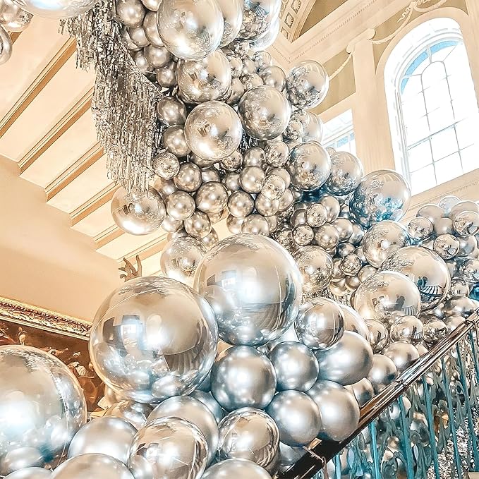 PartyWoo Silver Balloons 145 pcs Different Sizes of 18 12 10 5 Inch Silver Balloon Arch Kit Garland for Birthday Graduation Bachelorette Engagement Bridal Shower Wedding Party Decorations Silver-G102
