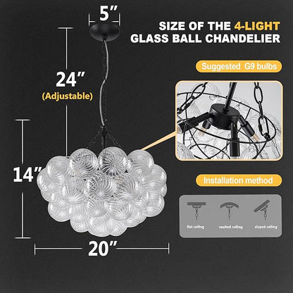 Hand Blown Glass Bubble Ball Chandelier Black Finish 20" Small Pendant Lights Art Deco Cluster Swirled Art Deco Cluster Ribbed Blown Glass Globe Lighting for Entry Room Bathroom Bedroom
