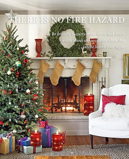 Red Flameless Candles with String Lights Battery Operated LED Pillar Candles 4‘’ 5‘’ 6‘’ Candle with Remote Control,Fake Candle Set of 3 for Christmas or Special Festivals Decorations