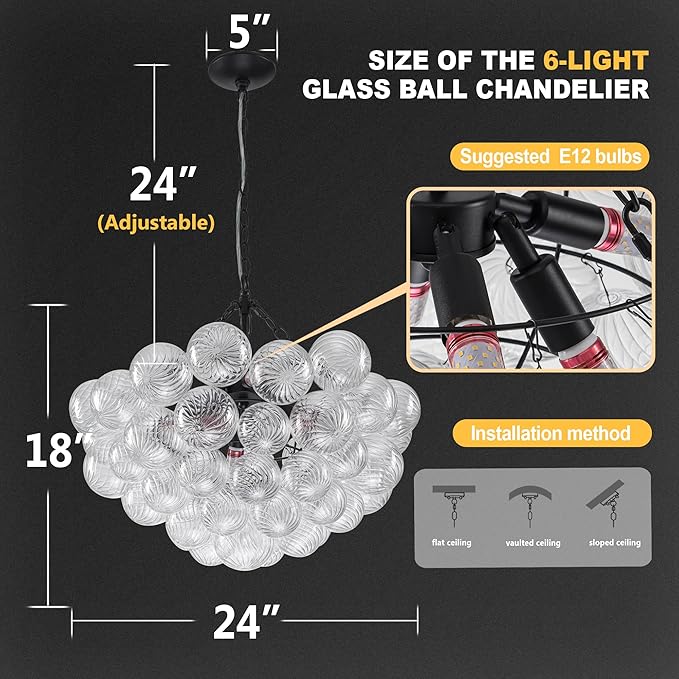 Hand Blown Glass Bubble Ball Chandelier Black Finish 24" Pendant Light Fixture Art Deco Cluster Swirled Ribbed Glass Globe Lighting for Bedroom Dining Restaurant Bedroom Bathroom Entry