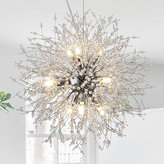 Small Dandelion Chandelier, 9 Lights Modern Firework Crystal Chandelier, Chrome Sputnik Pendant Light Fixture for Kitchen Island Dining Room Bedroom