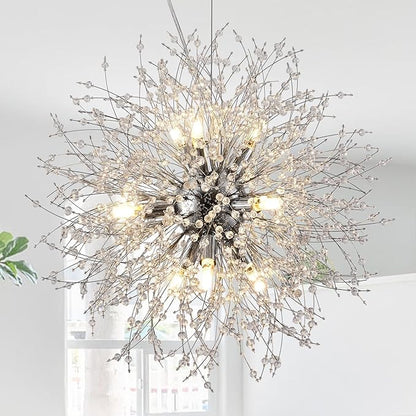 Small Dandelion Chandelier, 9 Lights Modern Firework Crystal Chandelier, Chrome Sputnik Pendant Light Fixture for Kitchen Island Dining Room Bedroom