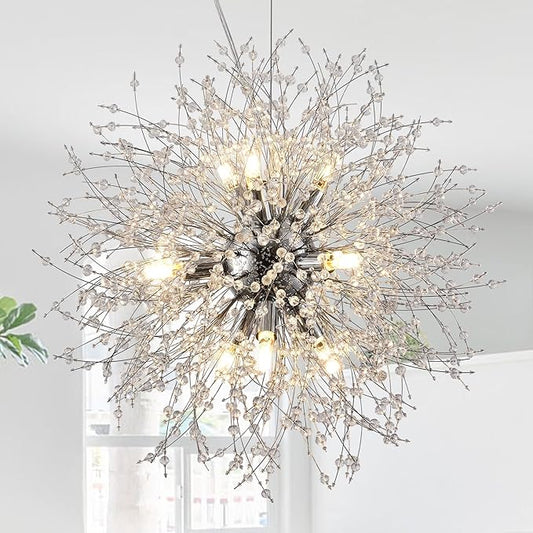 Small Dandelion Chandelier, 9 Lights Modern Firework Crystal Chandelier, Chrome Sputnik Pendant Light Fixture for Kitchen Island Dining Room Bedroom