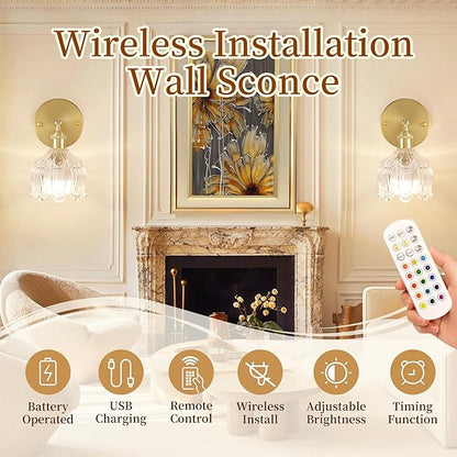 Wireless Wall Sconce with Flower lampshade, Battery Operated Wall Lights,Wall lamp with 15 Colors for Bedroom Living Room Home Decor (Clear, 2 Light Battery Operated)