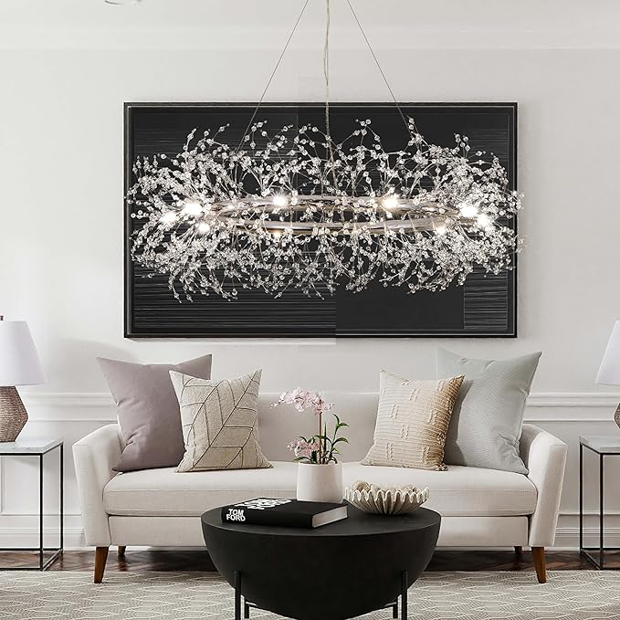 Modern Crystal Silver Chandeliers,Chrome Dining Room Chandelier Light Fixture Round,Large Living room Chandelier,Crystal Ceiling Light Fixture Pendant Hanging for Bedroom Entryway Hallway 39In.
