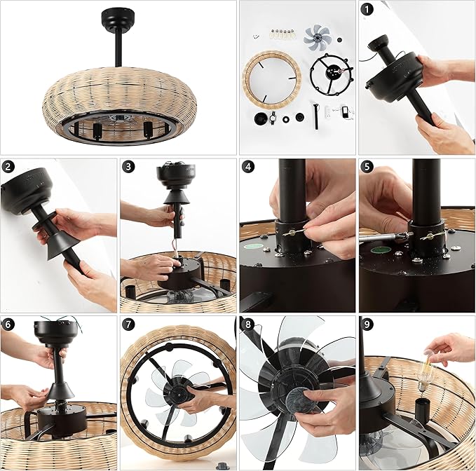 JONATHAN Y 23" Black 6-Light Modern Bohemian Ceiling Fan with Lights, 6-Speed Remote and App Control, Height Adjustable LED Lantern with Dark Brown Rattan Shade for Living Room JYL9728A