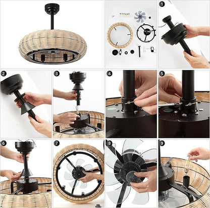 JONATHAN Y 23" Light Brown/Black 6-Light Modern Bohemian Ceiling Fan with Lights, 6-Speed Remote and App Control, Height Adjustable LED Lantern with Dark Brown Rattan Shade for Living Room (JYL9728B)