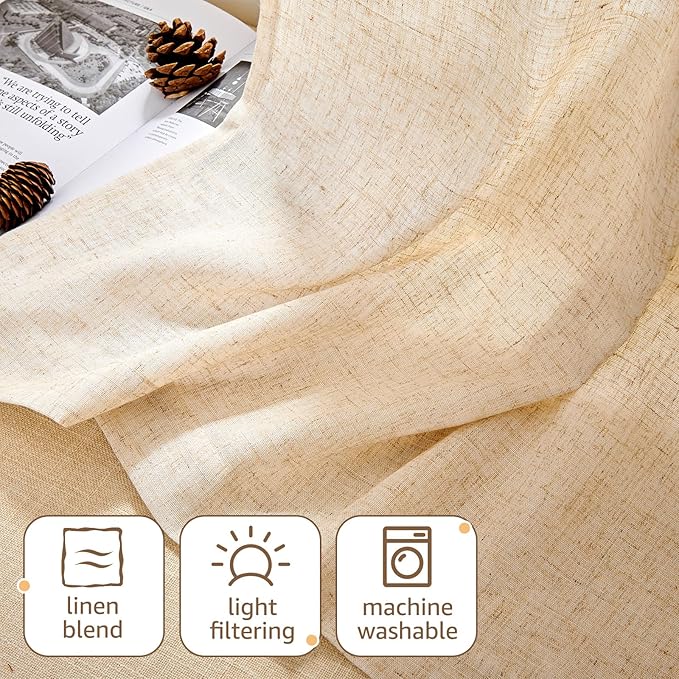 jinchan Linen Tie Top Curtains 36 Inch Length Farmhouse Cafe Curtains Set of 2 for Bedroom Bathroom Rustic Small Windows Light Filtering Crude Panels with Blue Ties