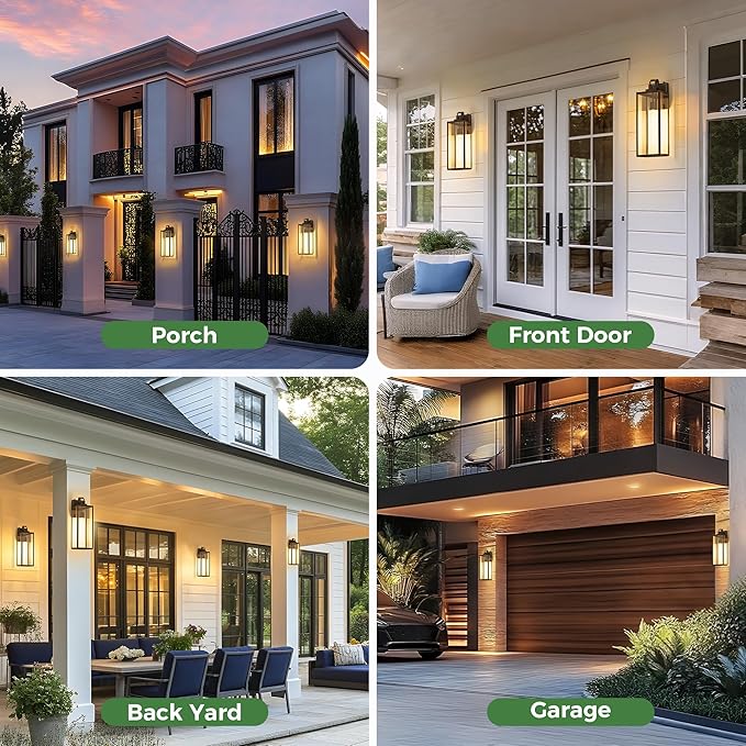 DORESshop 20 Inch Large Size Dusk to Dawn Outdoor Wall Lights, Matte Black Waterproof Anti-Rust Outdoor Light Fixtures Wall Mount with Clear Glass Shade for Porch, with T30 Light Bulbs, 2 Pack