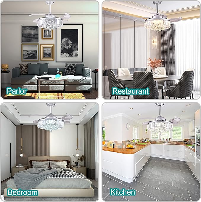 DuMaiWay 48" Dimmable Fandelier Crystal Ceiling Fan with Lights and Remote Modern Invisible Retractable Blades Chandelier Ceiling Fan Light Kit for Bedroom Living Room -Polished Chrome