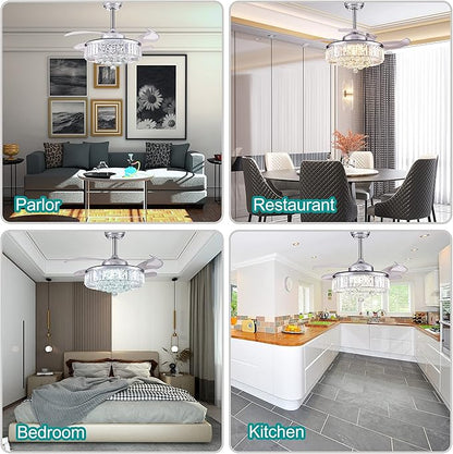 DuMaiWay 48" Dimmable Fandelier Crystal Ceiling Fan with Lights and Remote Modern Invisible Retractable Blades Chandelier Ceiling Fan Light Kit for Bedroom Living Room -Polished Chrome