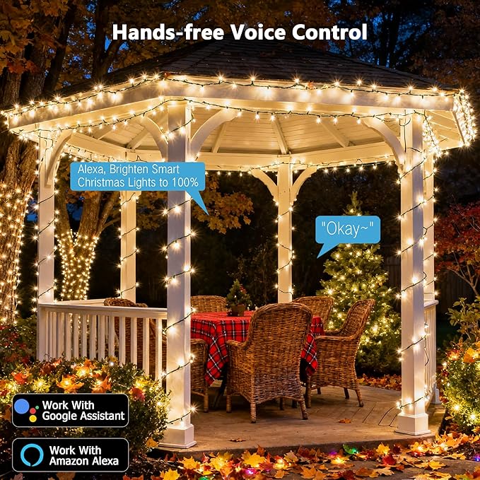 BrizLabs Smart Christmas Lights, 66FT 200 LED Warm White Christmas Fairy Lights with App/Voice Control, Multiple Modes with Playlist Function, Dimmable Light String, Music Sync Party Light Green Wire