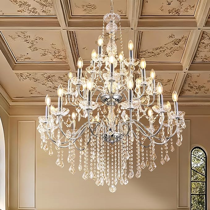 Wellmet Chrome Chandelier Light Fixture, Luxury Maria Theresa Crystal Chandeliers for High Ceiling Foyer, 24 Lights Hanging Pendant Light for Living Room EntryWay Hall Staircase Large 35.66"