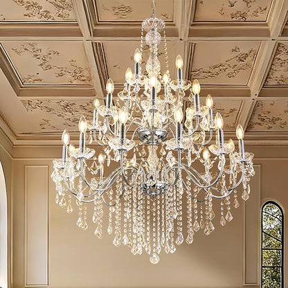 Wellmet Chrome Chandelier Light Fixture, Luxury Maria Theresa Crystal Chandeliers for High Ceiling Foyer, 24 Lights Hanging Pendant Light for Living Room EntryWay Hall Staircase Large 35.66"