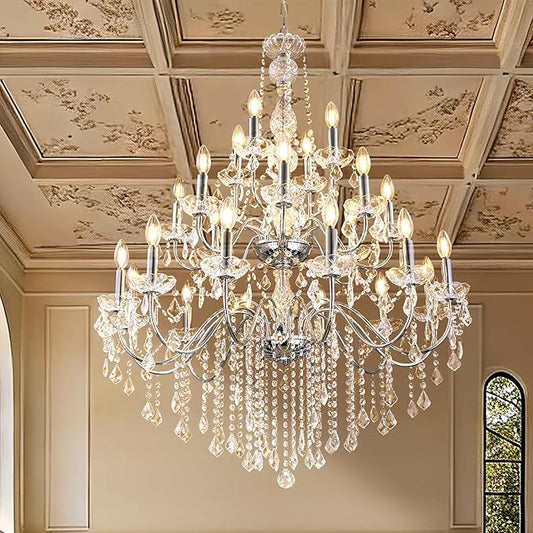 Wellmet Chrome Chandelier Light Fixture, Luxury Maria Theresa Crystal Chandeliers for High Ceiling Foyer, 24 Lights Hanging Pendant Light for Living Room EntryWay Hall Staircase Large 35.66"