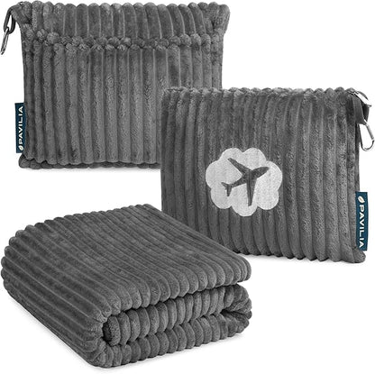 PAVILIA Travel Blanket Pillow, Airplane Blanket Set in Soft Bag with Pockets, Plane Blanket Compact Packable, Flight Essentials Car Pillow, Travelers Accessories Gifts, Luggage Strap, Gray