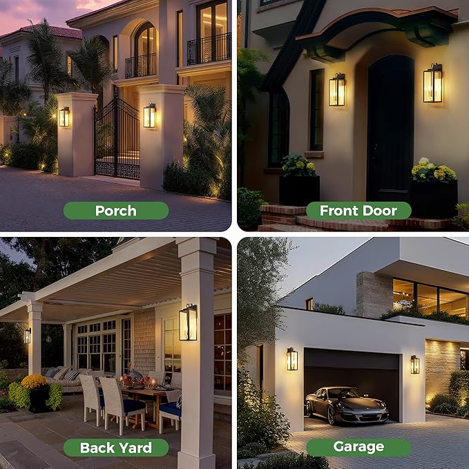 DORESshop 18" Dusk to Dawn Outdoor Wall Lights, 2-Light Black & Gold Outdoor Wall Sconce Lantern with Clear Glass, Tall Transitional Exterior Light Fixtures for Porch, Garage, ETL Listed, 2 Pack