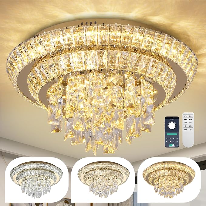 18 inch Flush Mount Crystal Chandeliers with Remote and App Gold, Modern Elegant LED Crystal Raindrop Ceiling Light Fixture, 3CCT Dimmable, for Living Room Kitchen Island Bedroom Entryway Foyer