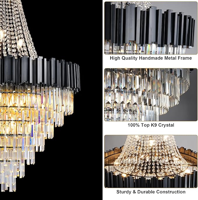 54" Black Large Chandeliers for High Ceilings, 21-Light Modern Crystal Chandelier for High Ceiling Staircase, Foyer, Entryway, Living Room, Hallway, Luxury K9 Crystal Tiered Chandelier Light Fixture