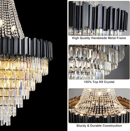 54" Black Large Chandeliers for High Ceilings, 21-Light Modern Crystal Chandelier for High Ceiling Staircase, Foyer, Entryway, Living Room, Hallway, Luxury K9 Crystal Tiered Chandelier Light Fixture