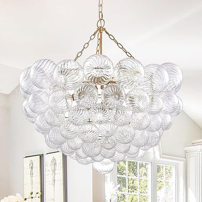 Bubble Chandeliers Lighting Gold 31" Swirled Clear Ribbed Blown Glass Globe Art Deco 9-Light Cluster Ball Pendant Lights Fixture for Living Room, Bedroom, Kitchen Island