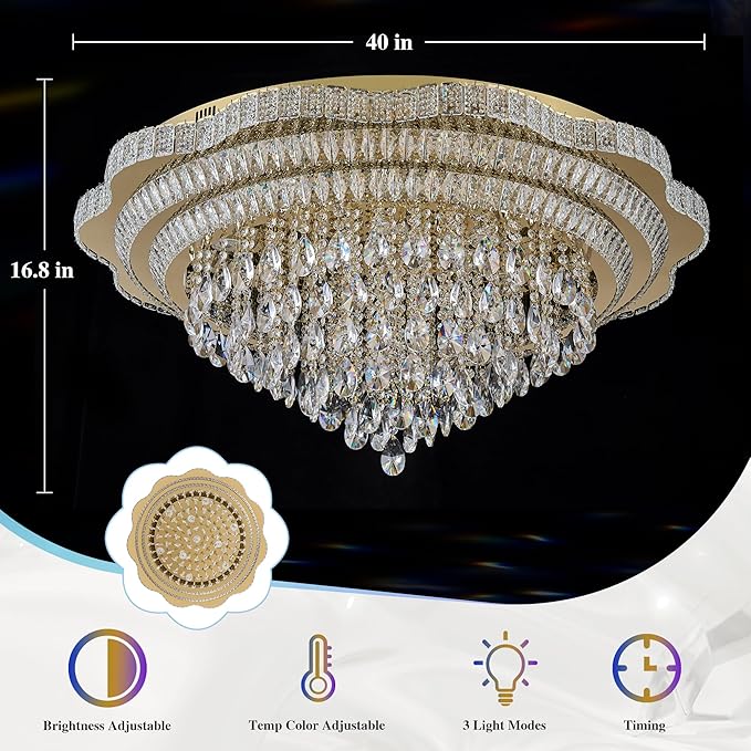 Gold LED Crystal Ceiling Light for Living Room, 40" Modern Large Flush Mount Chandelier with K9 Crystal Raindrop,Elegant Lighting Fixture with Remote Control for Hallway Dinning Room