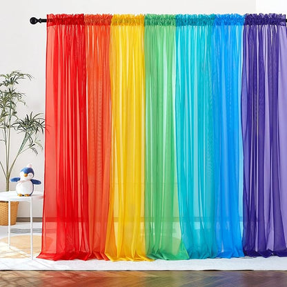 PONY DANCE 7 Pieces Rainbow Sheer Curtains - Colorful Backdrop Bright Drape Set for Playroom,Nurseries,Party,Red,Orange,Yellow,Green,Cyan,Blue,Purple,52x63 inch Length