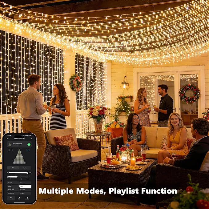 Brizled Smart Curtain Lights, 390 LED 9.8x6.3Ft Curtain Lights Outdoor, App & Voice Control Plug in Music Sync Curtain String Lights for Bedroom Wall Wedding Window Party Backdrop Indoor, Warm White