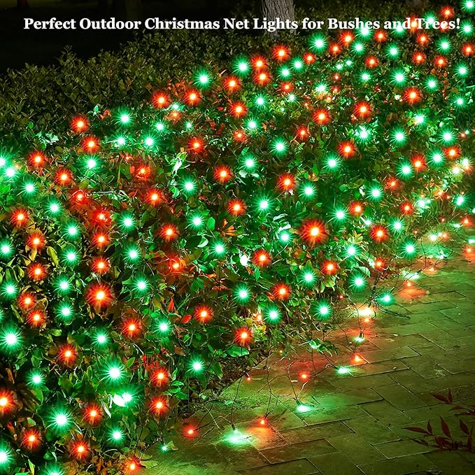 Dirnun Led Christmas Net Lights Red and Green Outdoor Christmas Lights 160LED 5ftx7ft, Waterproof Outdoor Indoor Fairy Mesh Net Light for Xmas Party, Yard, Patio, Trees, Shrubs, Bushes Decorations