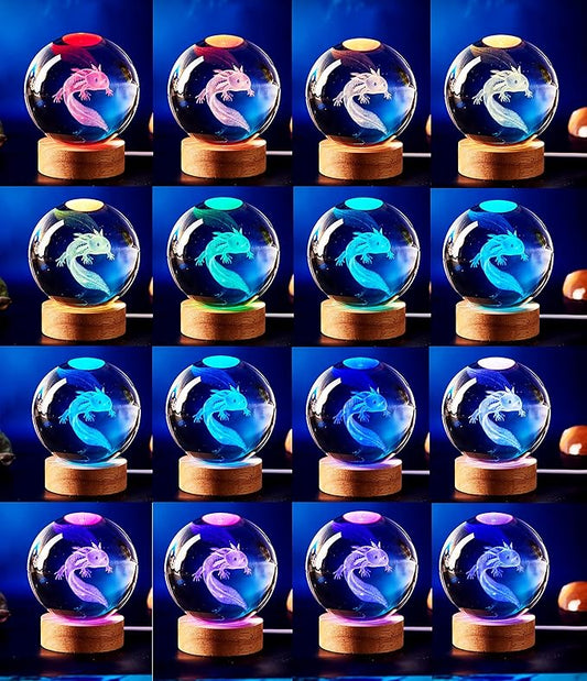 Axolotl Lamp,3.15 inch Axolotl Crystal Ball Lamp,Upgraded 3D K9 Axolotl Crystal Ball Night Light with Wooden Base,16 Colors Change with Remote Control, Axolotl Glass Ball Lamp,Axolotl Gift (E)