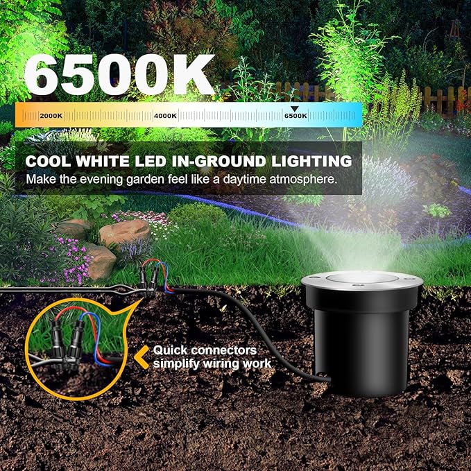 8Pack Low Voltage Landscape Lights with Connectors 3W LED 12-24V In-Ground Lights IP67 Waterproof Garden Lighting 6500K Outdoor Decorative Lights for Yard Pathway Patio (Cool White)