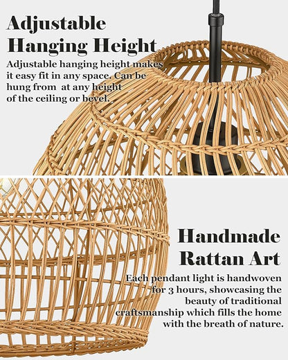 ELYONA 16” Large Boho Rattan Chandelier, Modern Rustic Wicker Pendant Light Fixtures, Basket Hand Woven Hanging Lamp for Coastal Kitchen Island Dining Room Living Room Bedroom Foyer (40cm*40cm)