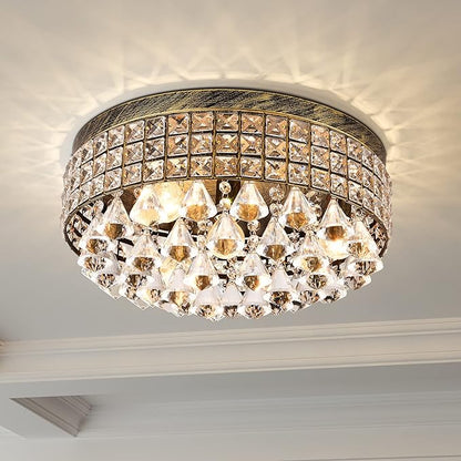 Maxax 4-Light Traditional Crystal Chandelier, Bronze Drum Ceiling Light Fixture with Round Metal Shade & Raindrop Crystals, 15,7" Vintage Flush Mount for Dining Room, Bedroom, Entryway