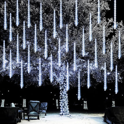 Dazzle Bright Christmas Lights Outdoor, 288LED Meteor Shower Rain Lights 12 Inch 8 Tubes, Waterproof Plug in Falling Icicle Light Christmas Decorations for Xmas Tree Yard House Decor (White)