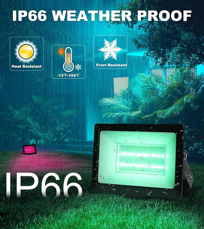 TigQiang 50W RGB Flood Light with Remote & 6.6Ft Cable, Halloween RGB Floodlight, IP66 Waterproof Color Changing Christmas Light, 5000K White LED Floodlight, Outdoor, Uplights for Events, 4 Pack
