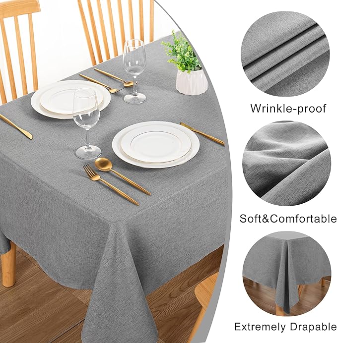 DWCN Rectangle Faux Linen Tablecloth - Textured Waterproof Spill-Proof Wrinkle and Stain Resistant Table Cloth Decorative Fabric Farmhouse Table Cover for Kitchen Dining Party, 60 x 102 Inch, Grey
