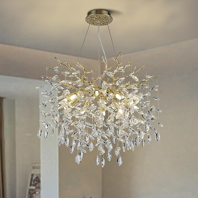 Modern Crystal Tree Branches Chandelier, 23.5in Gold 8 Lights Large Ceiling Hanging Light for Dining Room, Round Raindrop Pendant Light Fixture