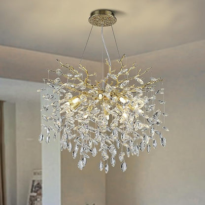 Modern Crystal Tree Branches Chandelier, 23.5in Gold 8 Lights Large Ceiling Hanging Light for Dining Room, Round Raindrop Pendant Light Fixture